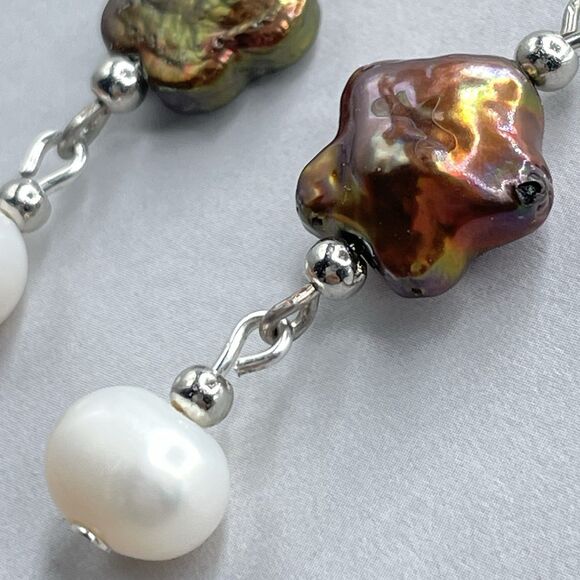 Artisan 925 Sterling Silver Star Pearl Round Pearl Dangle Earrings Boho Unique - Picture 4 of 8